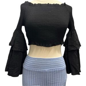 SHEIN Crop Top Women’s Size Small Black Ruffled Tiered Bell Sleeve